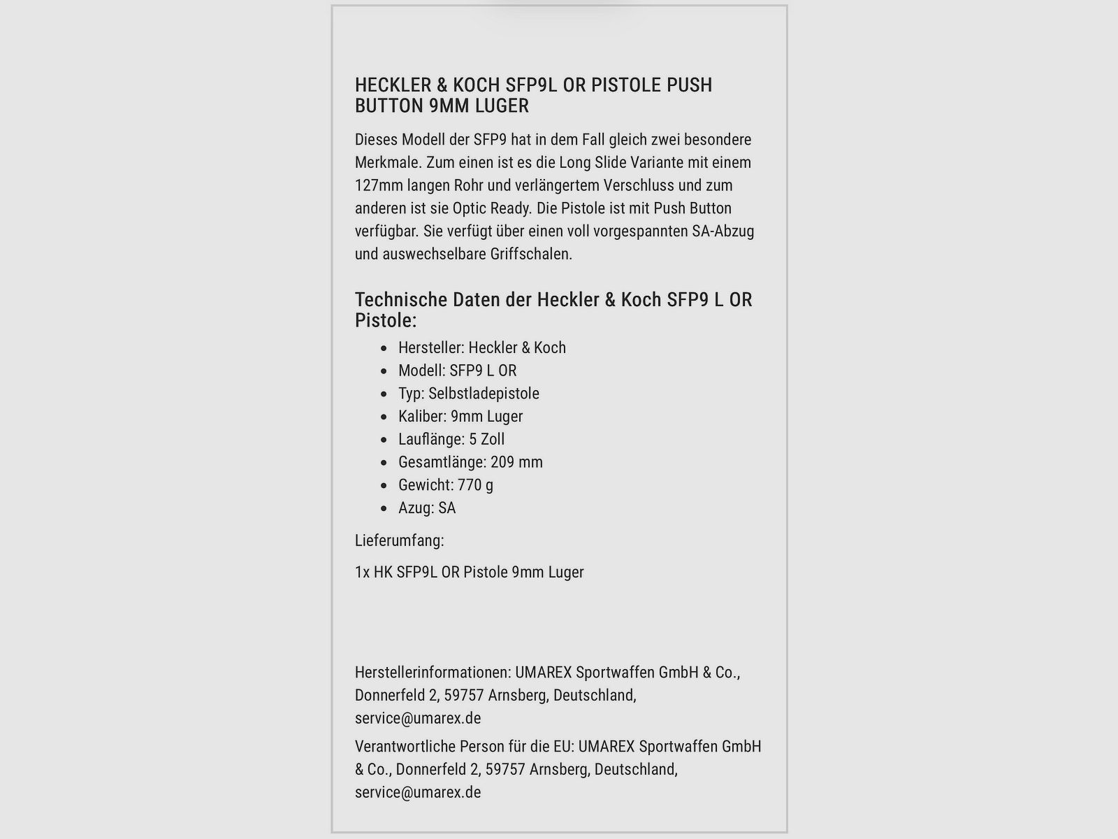 Heckler & Koch SFP9 L OR + Holosun SCS VP9 GR