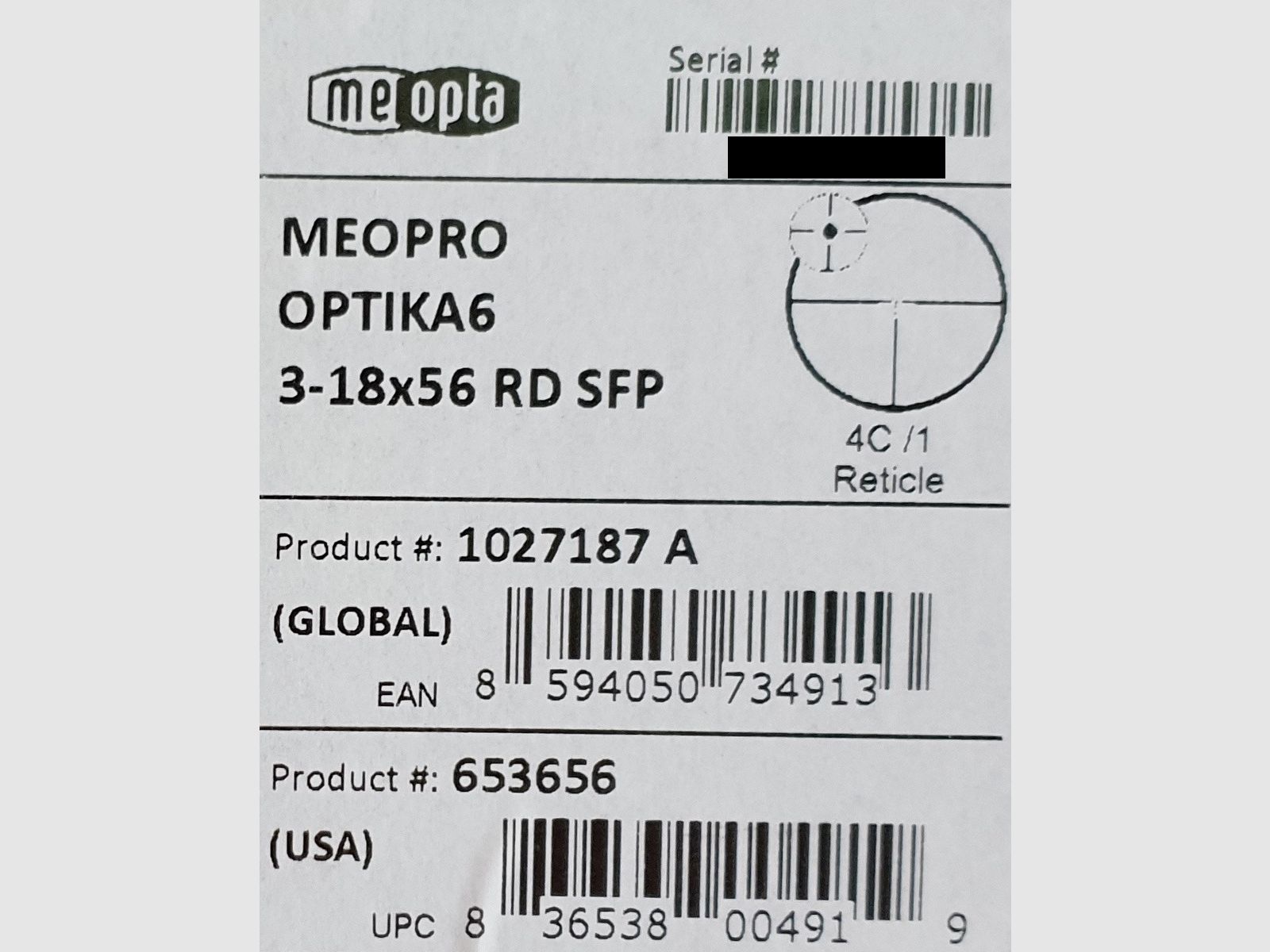 Scope Meopta OPTIKA6 3-18x56 RD SFP Reticle 4C LP - New from Dealer