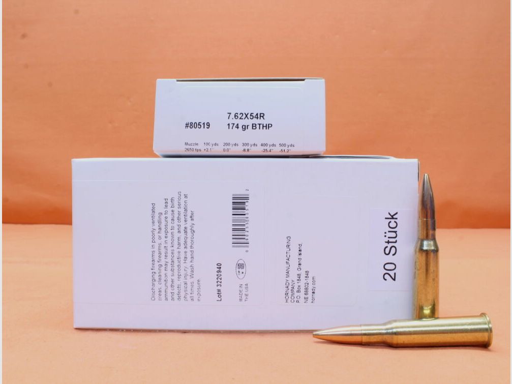 Hornady patroon 7,62x54R Hornady 174grs BTHP Match (80519) VE 20 patronen/ 11,3g holle punt-torpedo achterzijde-match