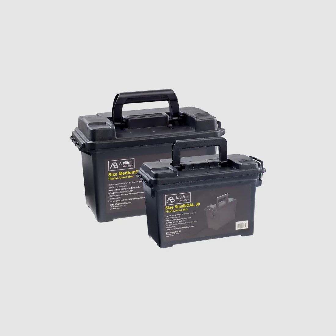 Juego de caja de municiones tamaño 1 (Cal.30) + tamaño 2 (Cal.50), plástico resistente a impactos, cerrable, negro, sin impresión