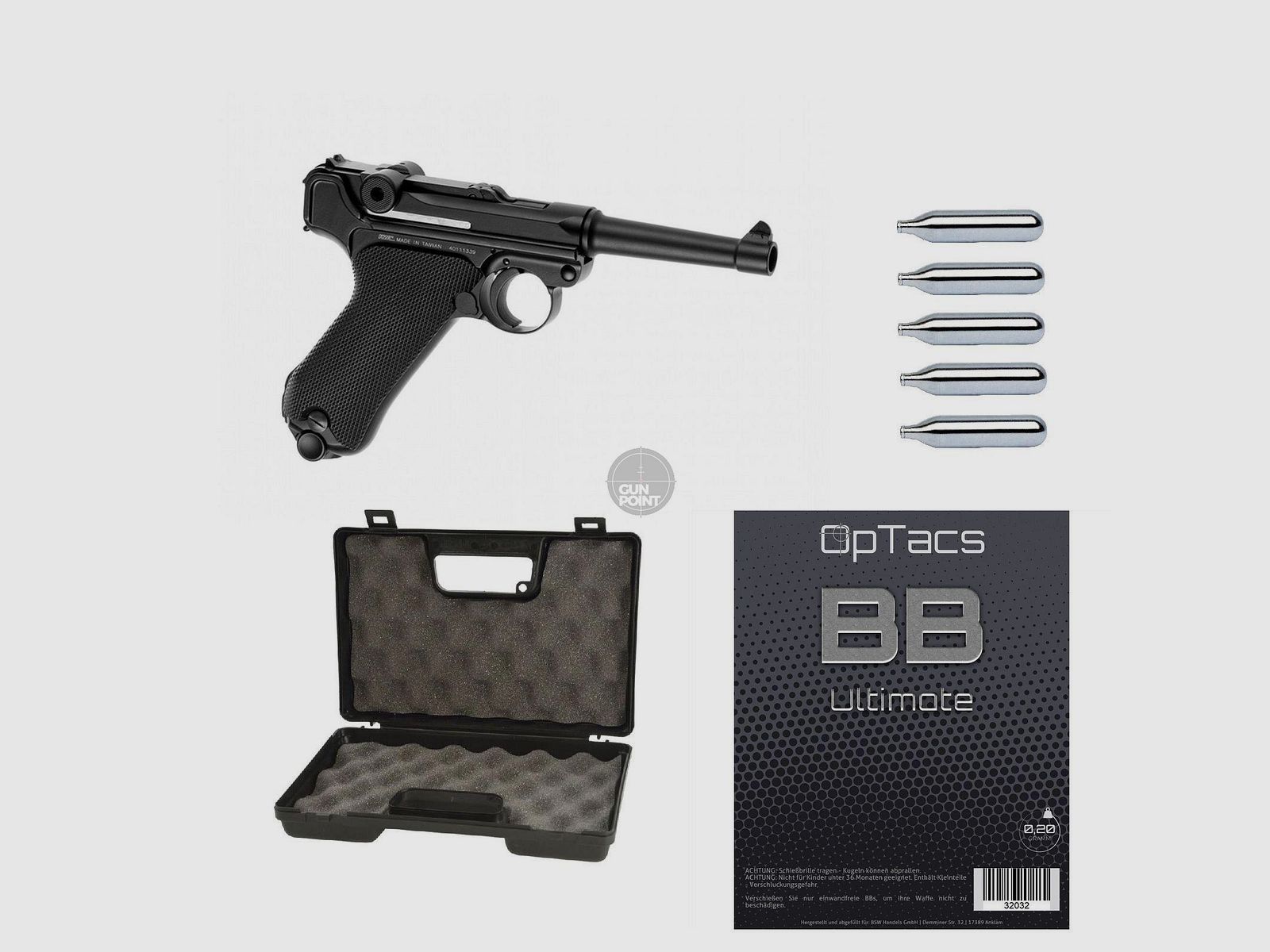 SET !!! Airsoft - Pistol - KWC - P08 Full Metal Co2 GBB - from 18, over 0.5 Joule