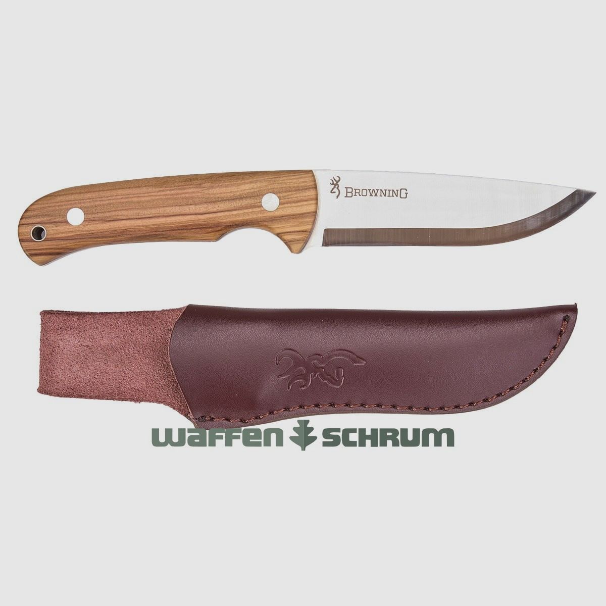 Browning Jagdmesser Korvar Fixed Klingenlänge 7,5cm / Griffschalen aus Olivenholz / mit Lederscheide
