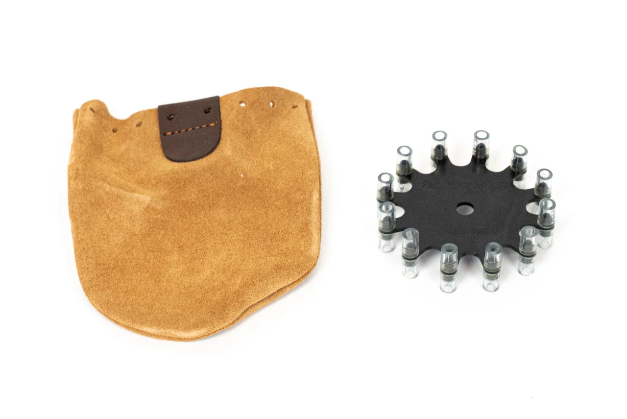 HEGE capper for 4 mm percussion caps, e.g. 1075 and 1075 Plus, in a leather pouch