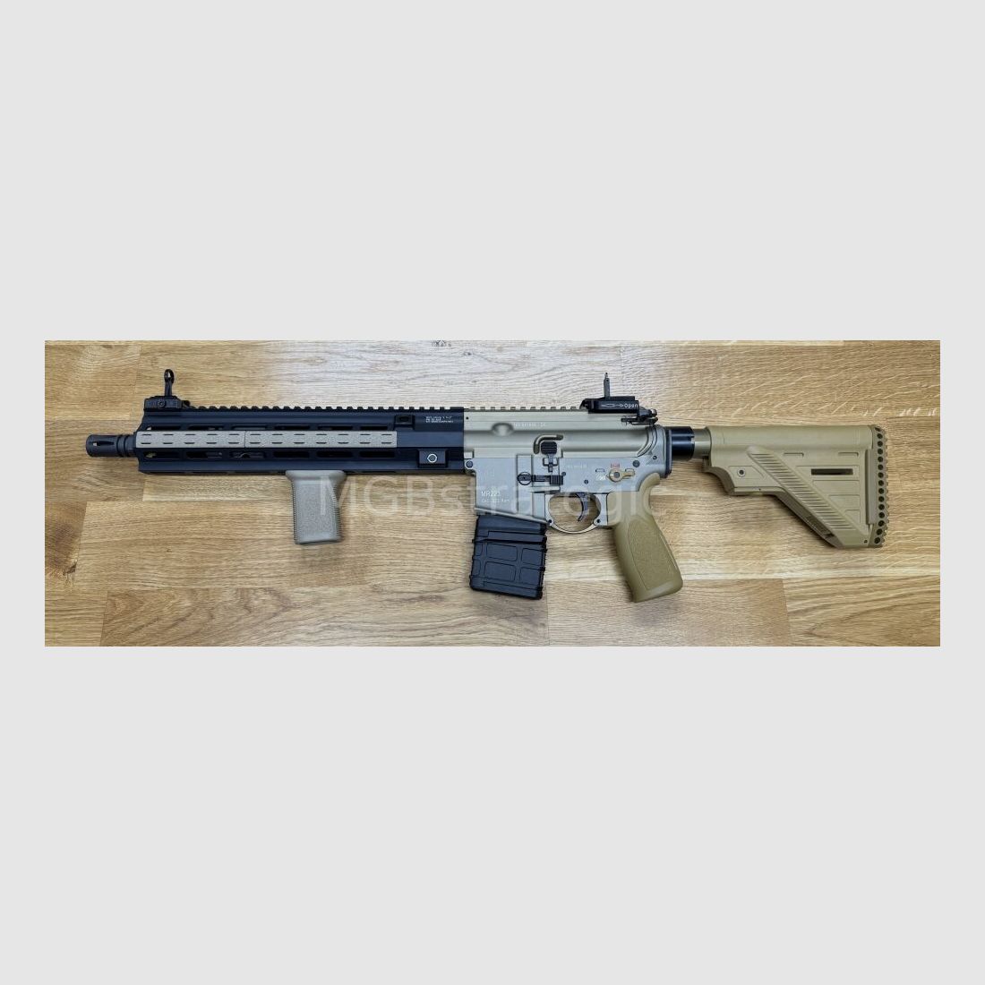 Heckler & Koch MR223 A3 Slim-Line 12.9" barrel - semi-automatic rifle .223Rem color sand / Ral8000 - system HK416 / Geissele MK15 HK416 handguard / muzzle thread now 1/2-28 UNEF / only 3.28 kg / barrel turned down & shortened / "Project Hunter"