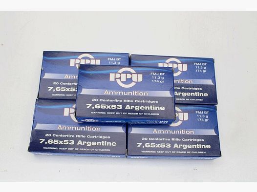 100 coups PPU 7,65x53 argentin avec FMJ BT 11,3g / 174gr. pack de 5x20
