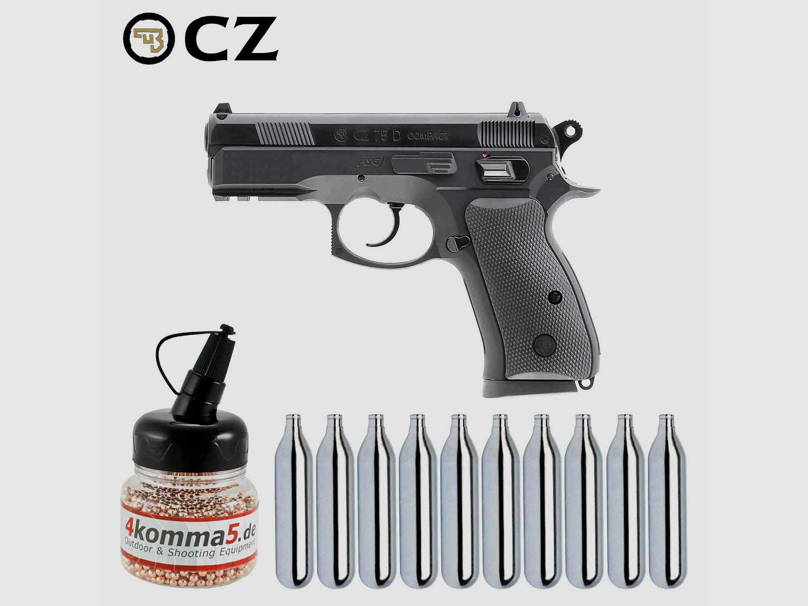 Luftpistolenset CZ75D Compact 4,5 mm Stahl BB Black Co2-Pistole Non Blow (P18) + 10 Co2-Kapseln + 1500 Stahl-BB's 4komma5