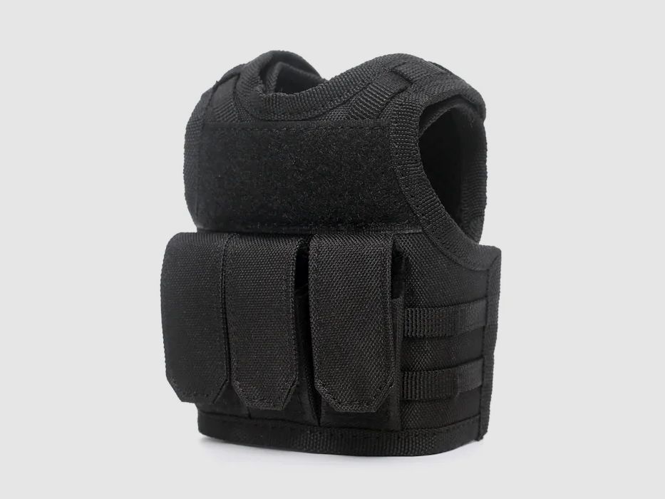 Mini tactical vest with front pockets for beer bottle / wine bottle / thermos bottle - black