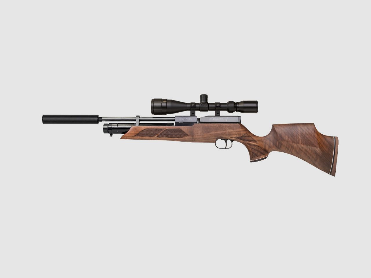 Pressluftgewehr Weihrauch HW 100 SK Carbine Nussbaumholz-Sportschaft SchalldĂ¤mpfer Kaliber 5,5 mm (P18)