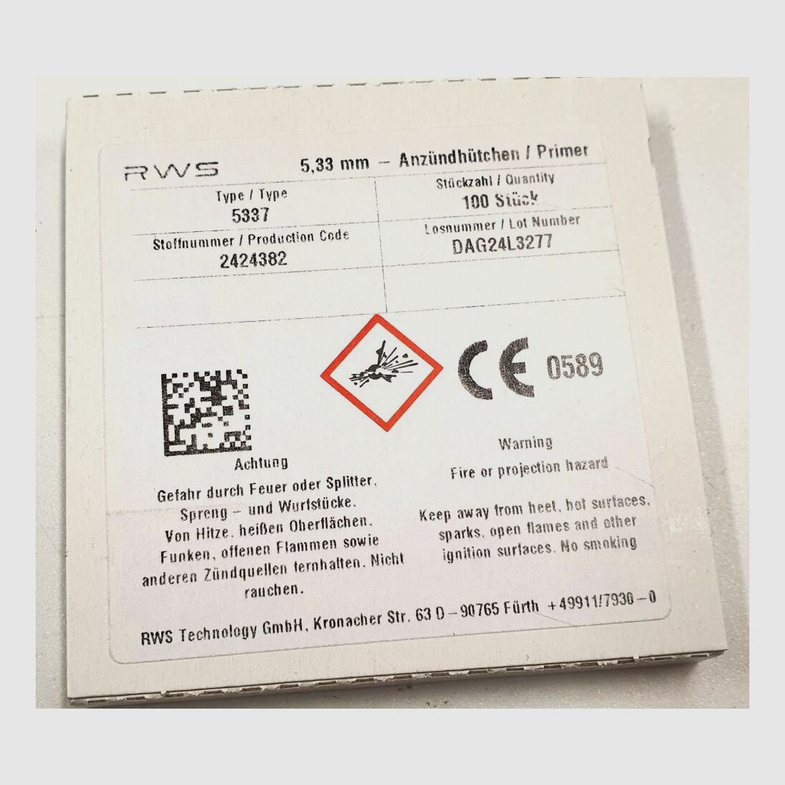 RWS primers RWS 5.33mm type 5337, large pistol