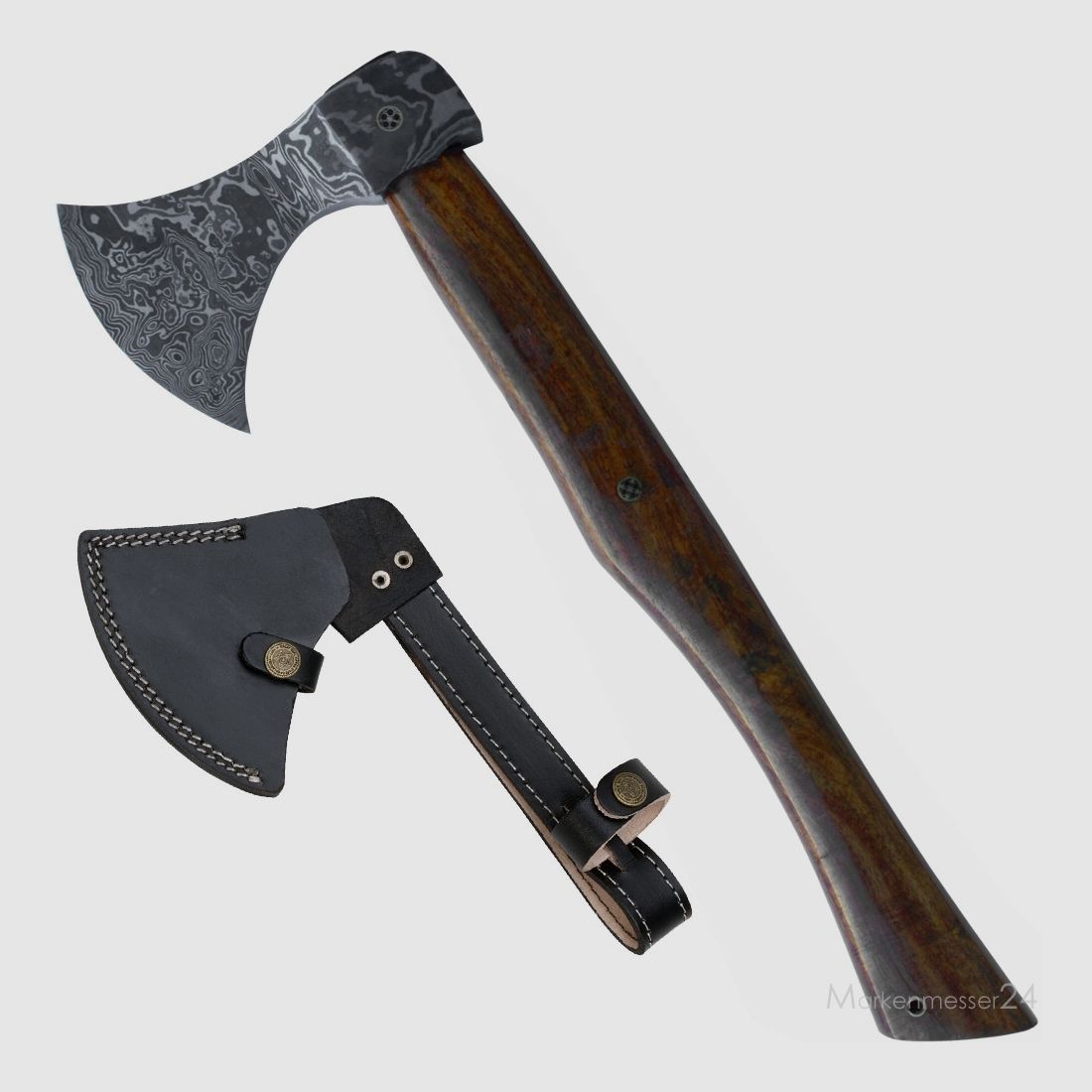 Damast Axt mit geschwungenem Holzgriff und Lederscheide