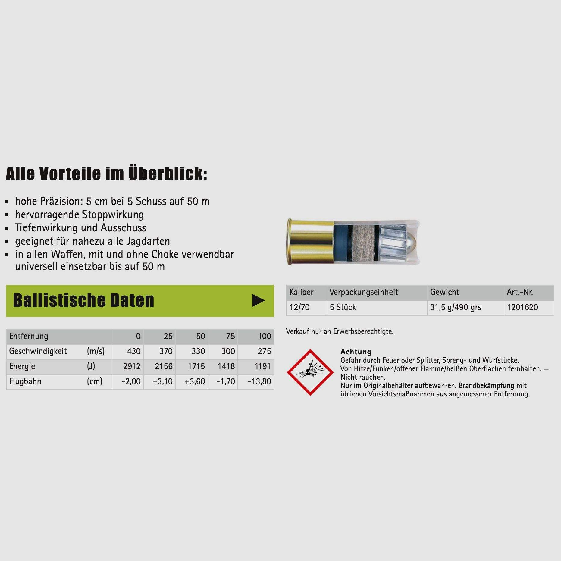 Brenneke 2004954 12/70 Classique 31,5g/490grs. Projectile à balle