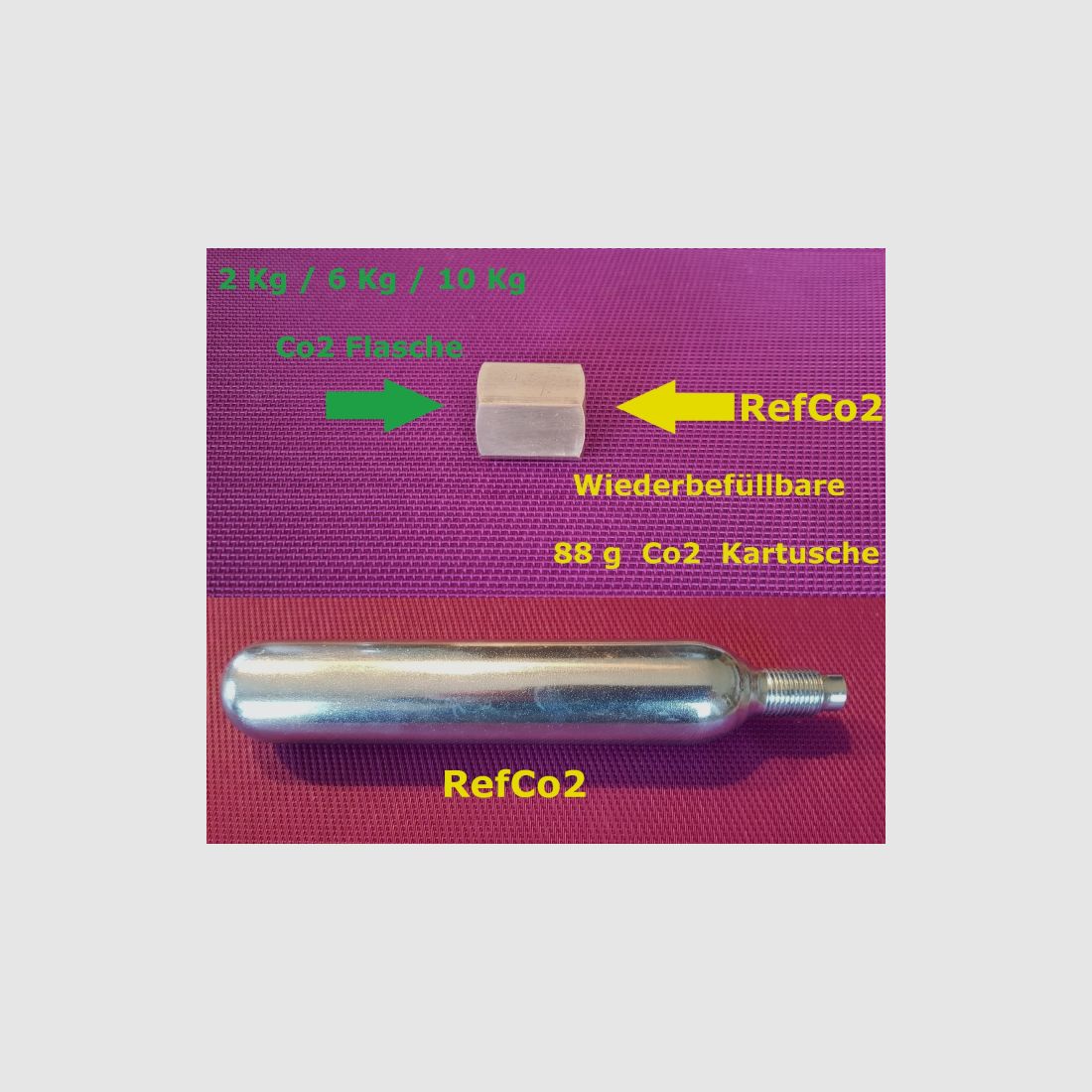 88 g Co2 Kartusche - RefCo2 ! Refill / Wiederbefüllbar ! + Befüll Adapter, 2-10 Kg, < 1  je Füllung