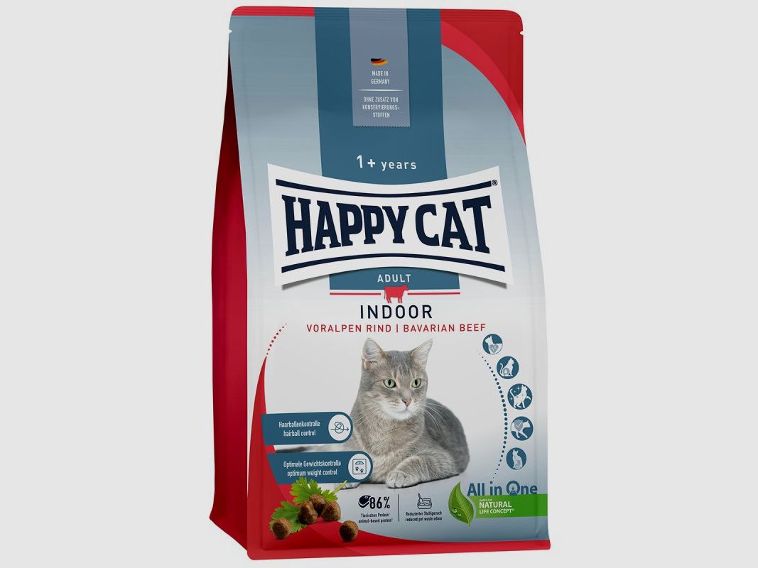 Happy Cat Katzen Trockenfutter Indoor Voralpen Rind 300 g x 6 Stk.