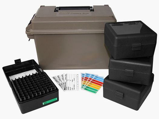MTM munitiekist ACC308 dark earth voor 400 patronen incl. 4 patronenboxen RM-100 voor .308 en anderen.