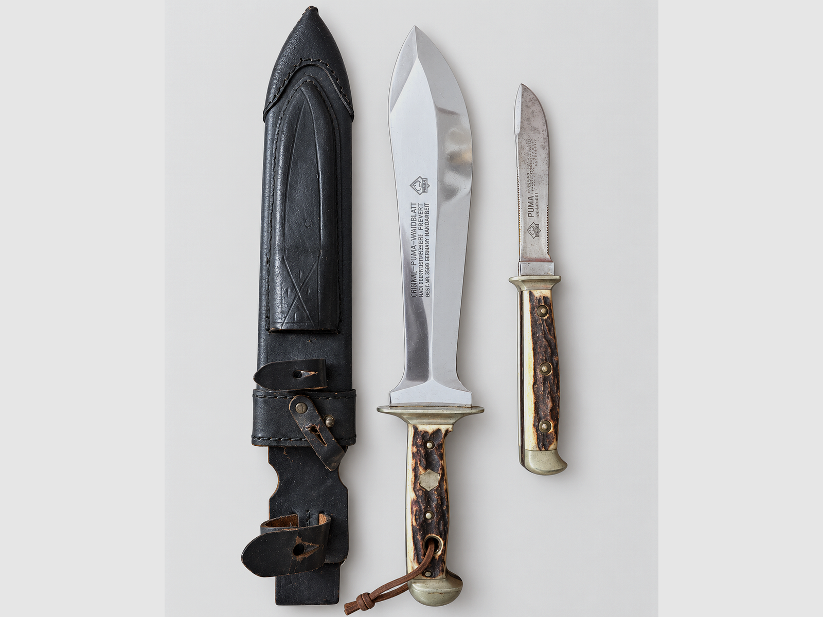 Original PUMA Waidbesteck nach Frevert 3588/3587 – Waidblatt + Jagdnicker + Lederscheide, Bild 2 von 4
