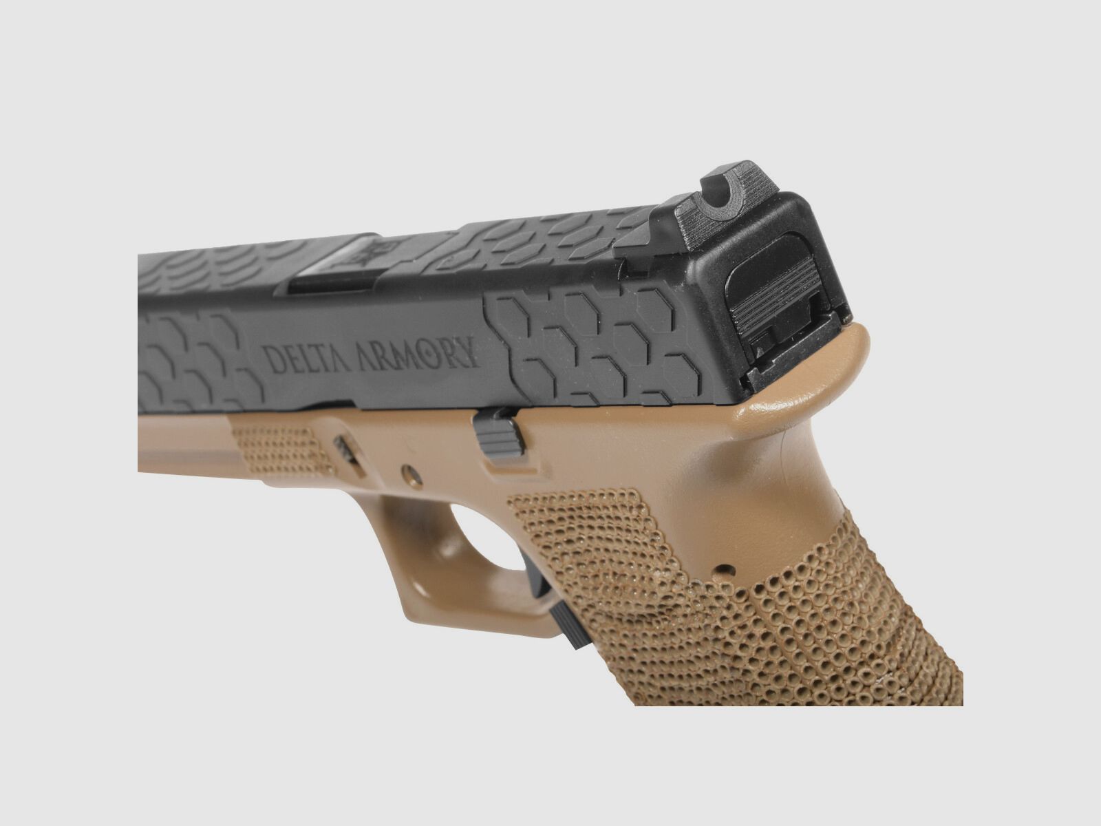 P03 GBB Airsoft Pistol with Grip Stippling in Tan | Delta Armory