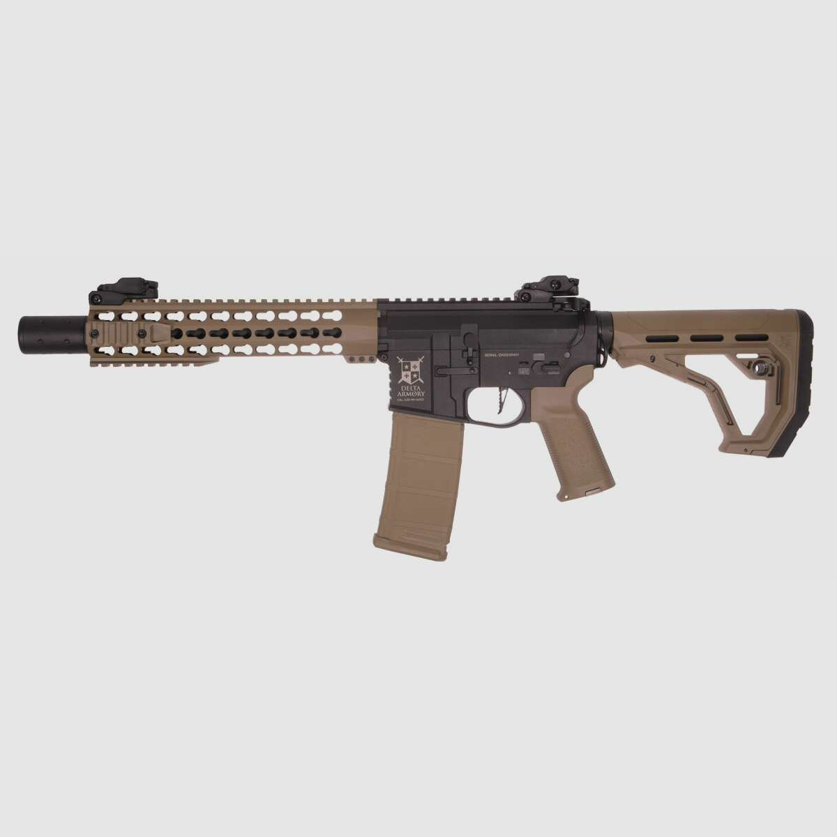 AR15 KeyMod 10 pulgadas PREDATOR CHARLIE EAGLE ETU Tan/Negro S-AEG Rifle Airsoft Libre a partir de 18 años | Delta Armory