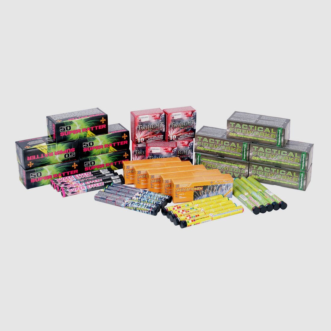Pyro Feuerwerk Super Spar Set Maxi Mix Ratterpatronen Pfeifgepatronen Leuchtsignalsterne Orchideesterne 750 Schuss (P18)