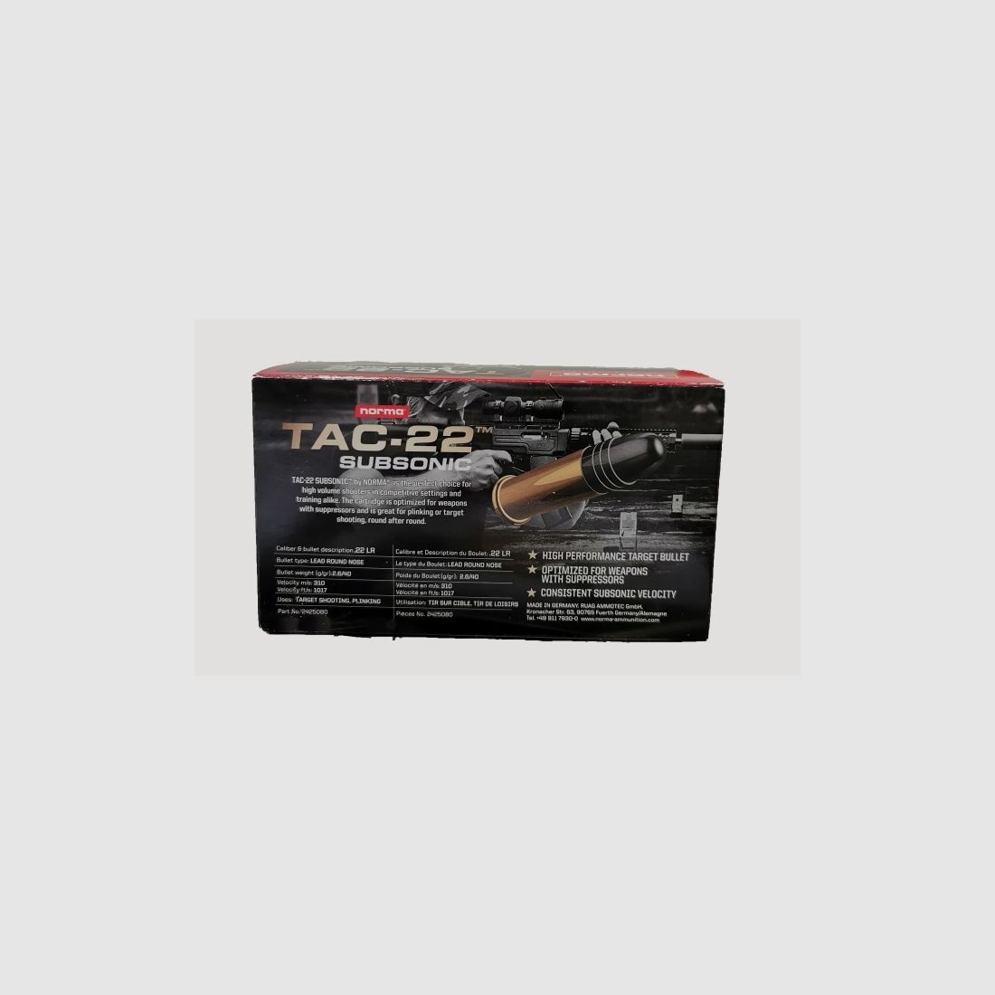 MUNITION NORMA 22LR TAC SUBSONIC 40GR BTE 50, image 2 sur 3