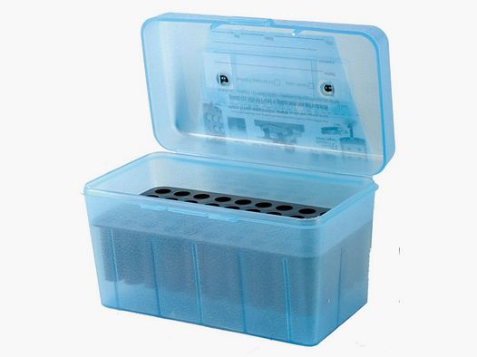MTM Deluxe scatola per cartucce H50-RL-10 blu trasparente con coperchio a ribalta e maniglia per 50 cartucce .30-06 e altre.