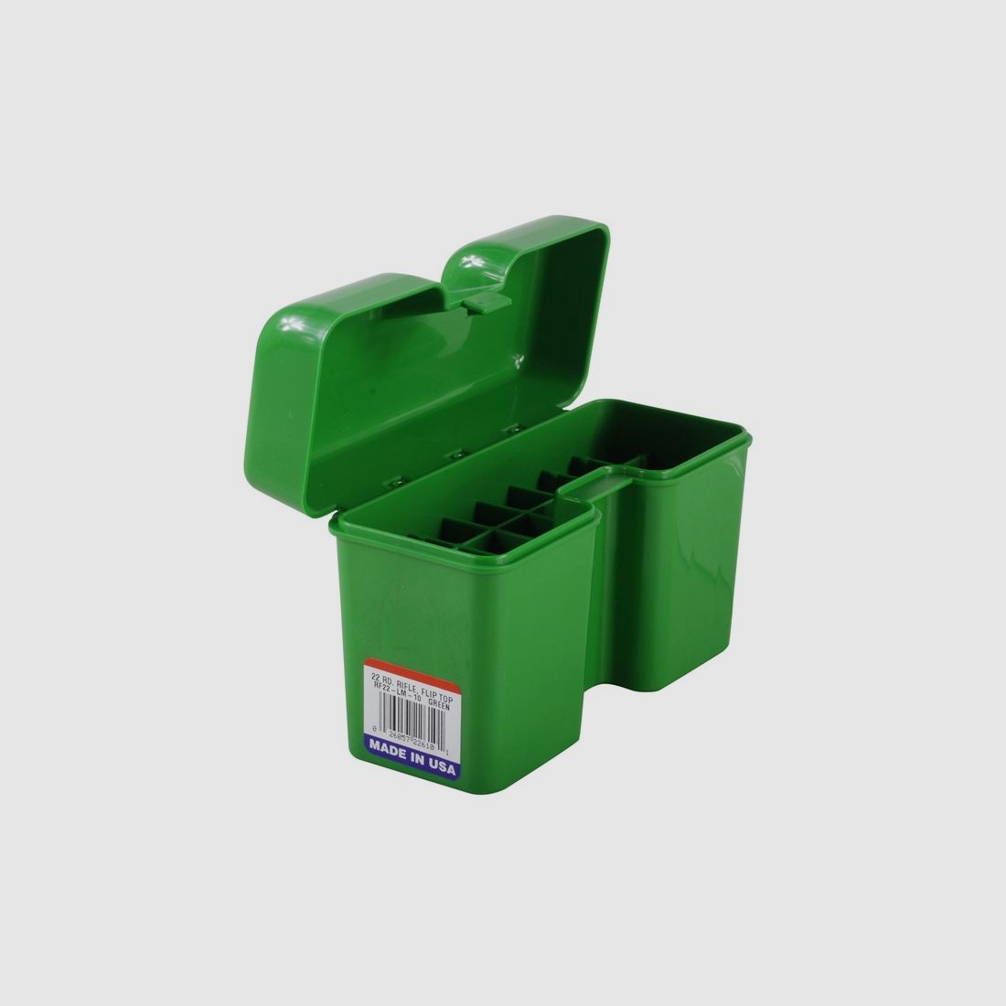 MTM scatola per cartucce RF22-LM-10 verde con coperchio a ribalta per 22 cartucce .300 e altre.