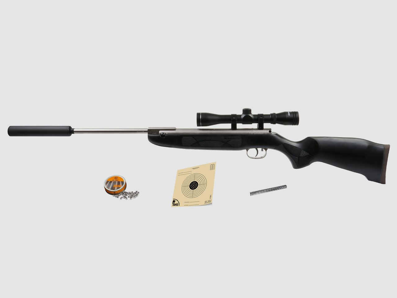 Luftgewehr Set Weihrauch HW 30 S nickel schwarzer Buchenholzschaft SchalldĂ¤mpfer Zielfernrohr 4x32 ZubehĂ¶r Kaliber 4,5 mm (P18)