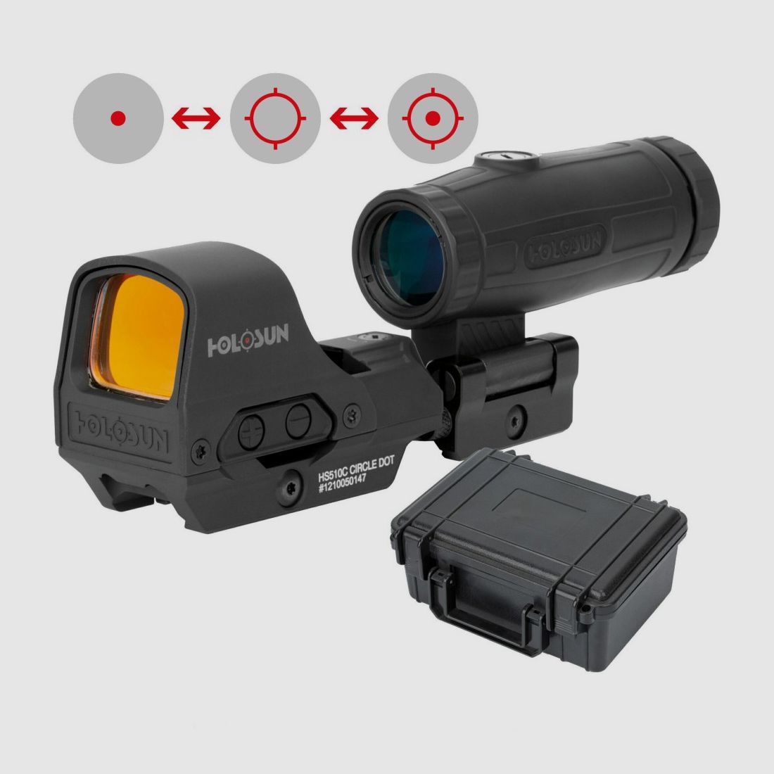 Holosun Set, Holosun reflexvizier, model HS510C-RD met rood verwisselbaar richtkruis: 2MOA punt, 65MOA cirkelpunt & 65MOA cirkel en vergrootglas HM3X, afbeelding 1 van 10