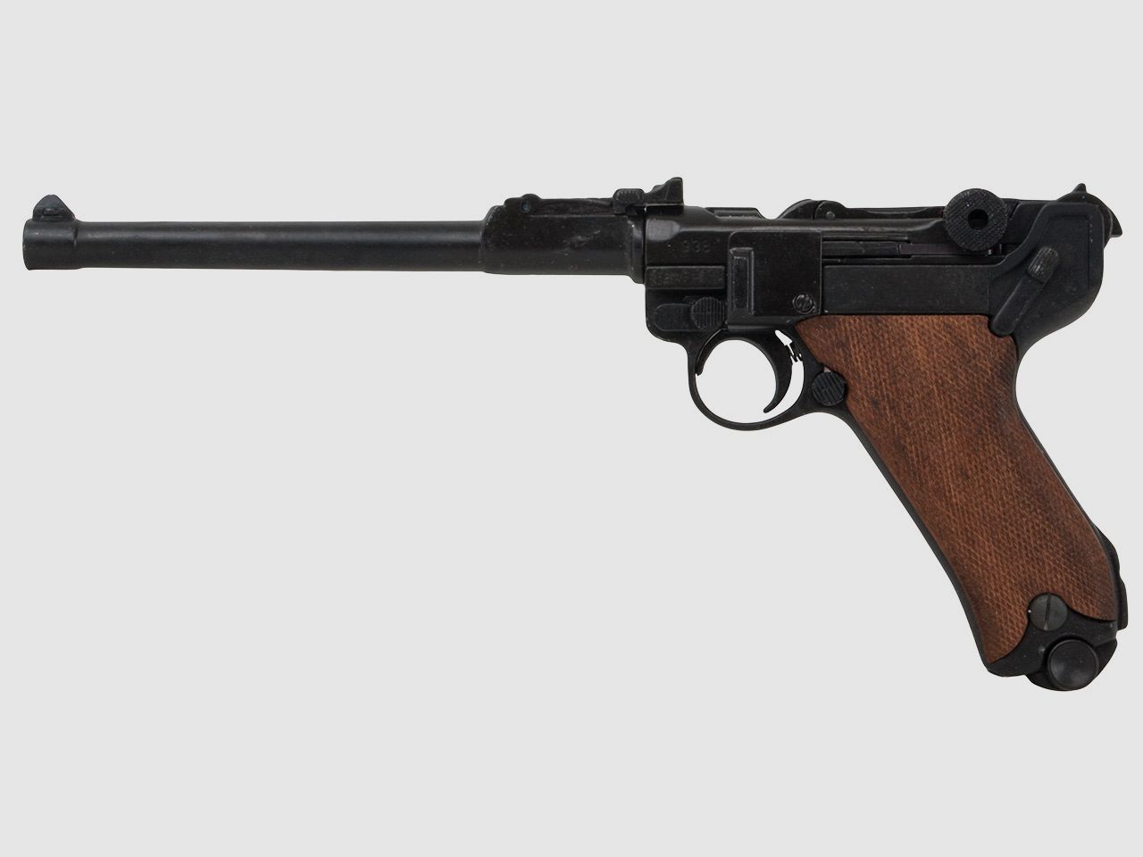 Denix Deko Pistole Luger P08 Artillerie Deutschland 1898 LĂ¤nge 34,5 cm mit langem Lauf schwarz braune Griffe