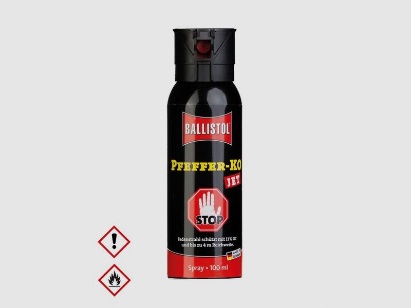 100ml Hochw. Pfefferspray K.O. JET Direktstrahl – 11 % OC / 2,5 Mio. Scoville v. Ballistol - Abwehr