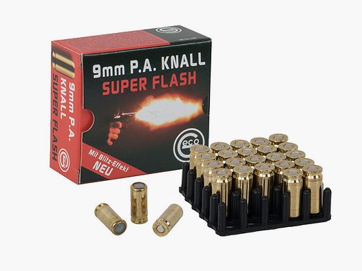 Platzpatronen Geco Super Flash Kaliber 9 mm P.A. Nitro fĂĽr Pistolen Messing 25 StĂĽck (P18)