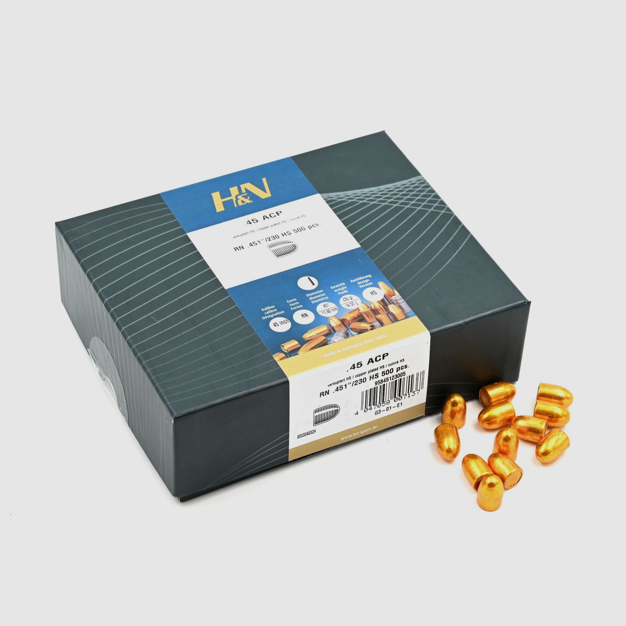 Proiettili per Pistole/Rivoltelle, H+N .451 HS-RN, 230gr, 500 pz, .45 ACP