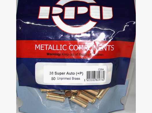 50 Stück > NEUE PPU / PrviPartizan Kurzwaffenhülsen .38 Super Auto +P Boxerzündung / Unprimed #C354