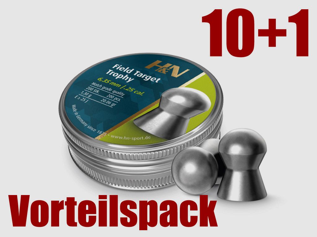 Vorteilspack 10+1 Rundkopf Diabolos H&N Field Target Trophy Kaliber 6,35 mm 1,3 g glatt 11 x 200 StĂĽck