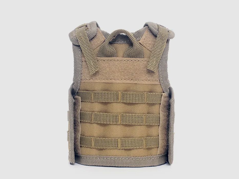 Mini Tactical Schutzweste mit Fronttaschen für Bierflasche / Weinflasche / Thermosflasche - Sand