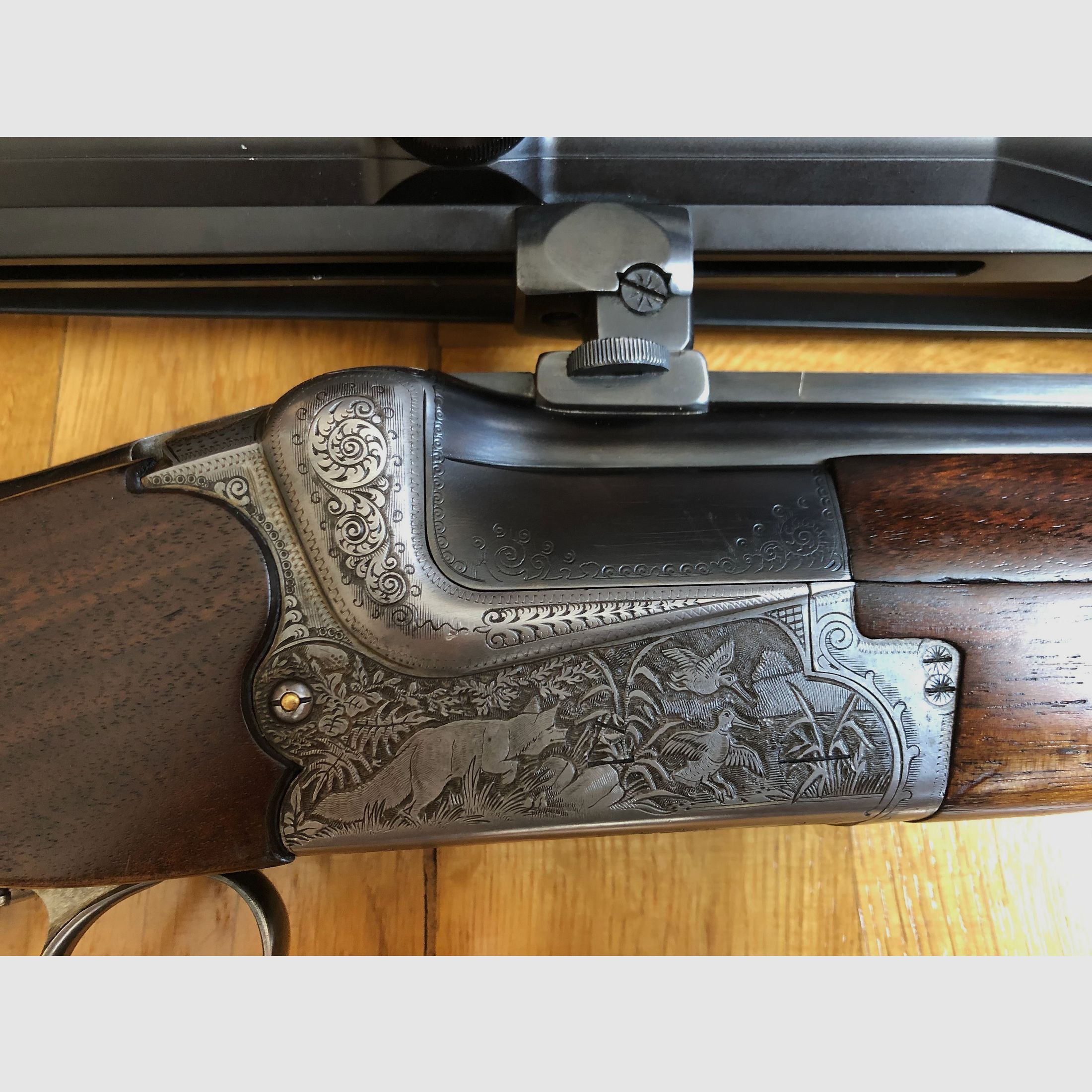 Bockdoppelbüchse Merkel BDB 221E 8x57JRS / Zeiss Diavari 3-12x56 (incl. verwisselbare lopen: BBF 7x57 R & 12/70 en BF 12/70 ) Bj. 1988