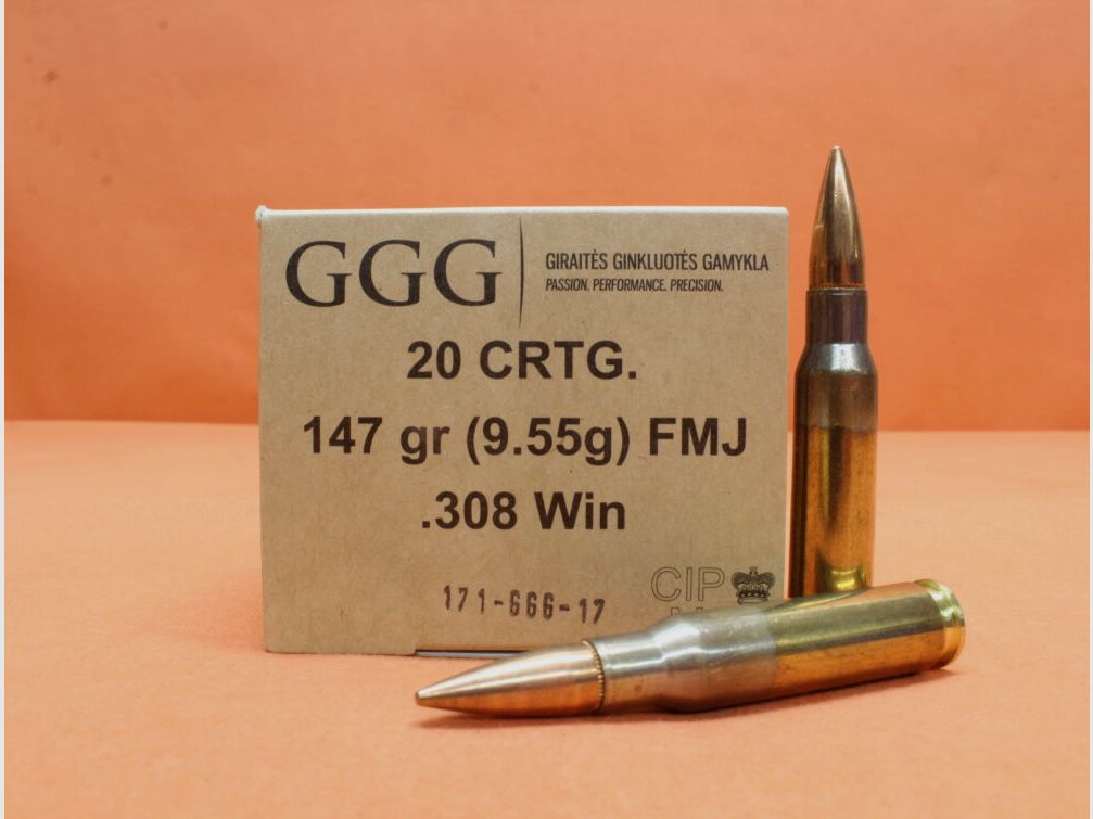GGG - GGiraites Ginkluotes Patrone .308Win GGG 147grs FMJ (GPX11) VE 20 Patronen/ 9,55g Vollmantel