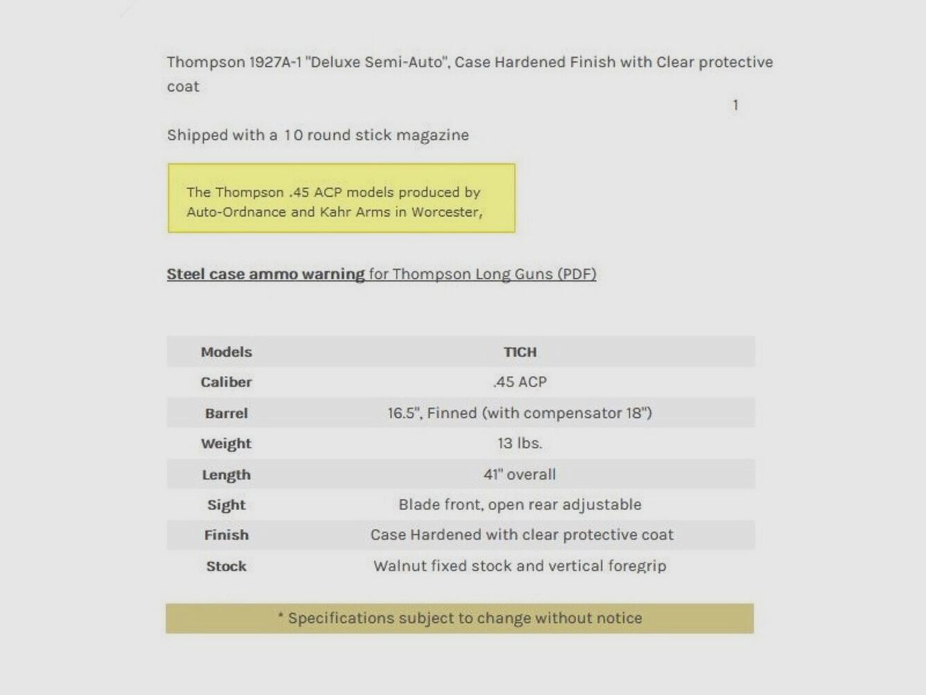 Auto-Ordnance Thompson 1927A1 Custom 16,5" (5 Zoll) .45Auto