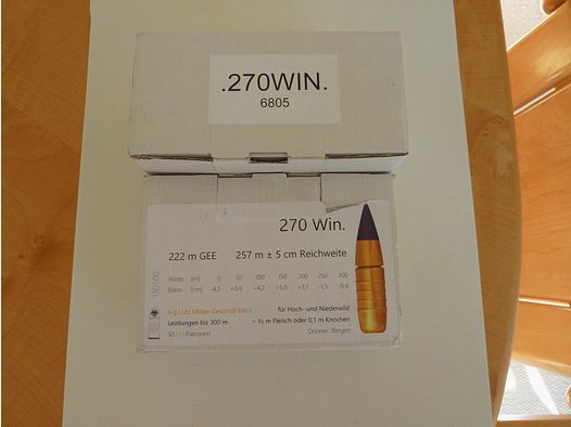 Lutz Möller Munición Original Cal.: .270 Win, 50 cartuchos con proyectil 6805, 27 con proyectil 6863