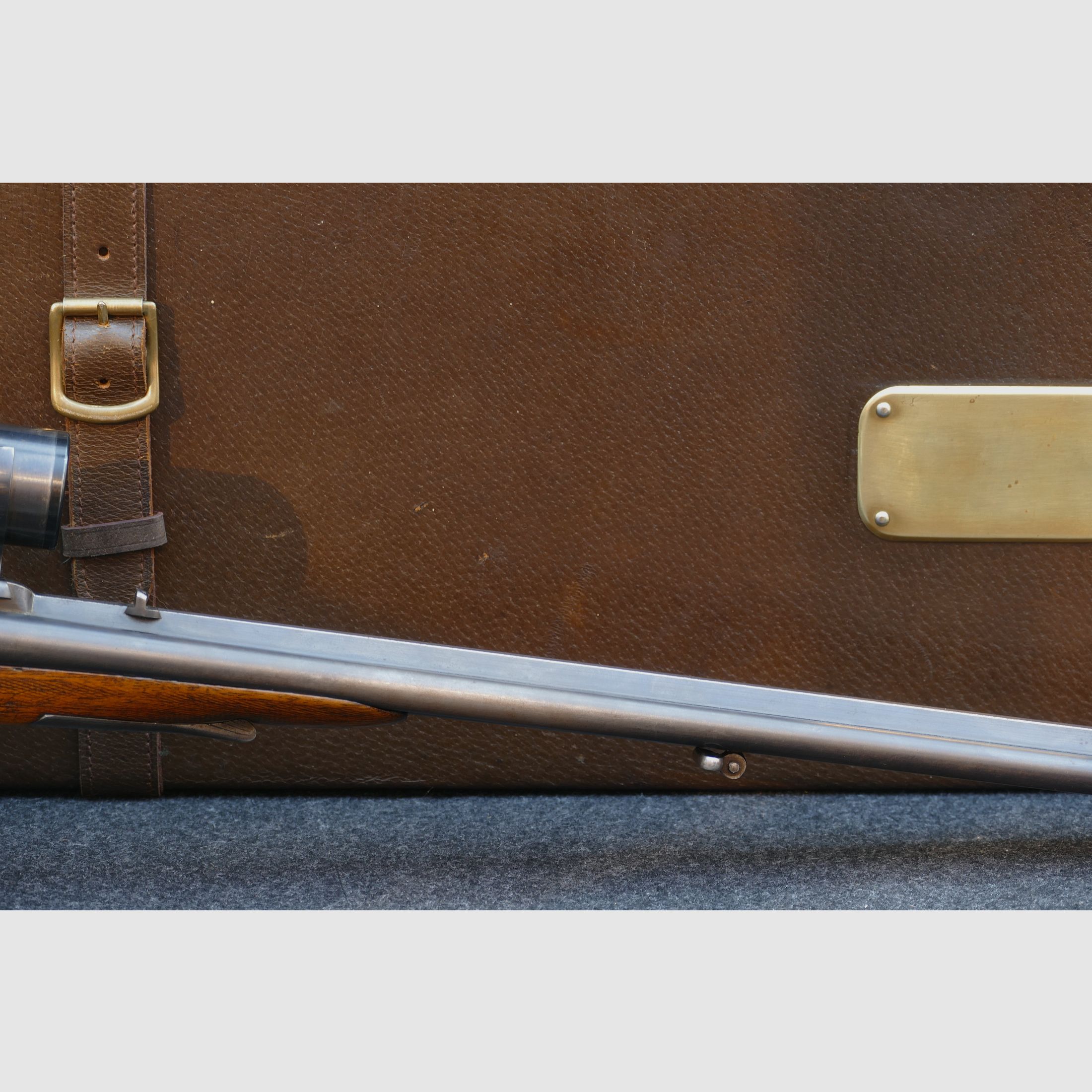 Cockshotgun from Ferlach, cal. 8×57 R‑360 / 16/65, scope Kahles Vienna H/4×, leather travel case, dies, cases, and bullets (173)