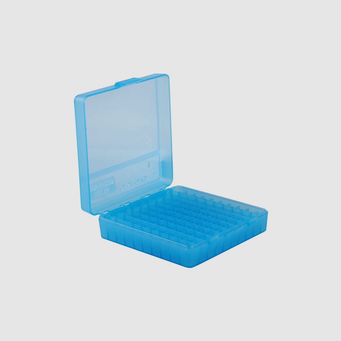 MTM scatola per cartucce P-100-9-24 blu trasparente con coperchio a ribalta per 100 cartucce 9mm e altro.
