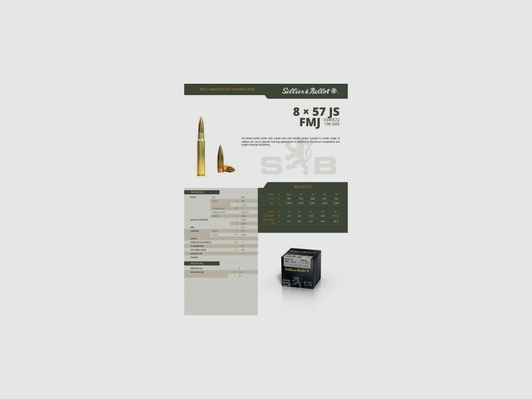 SCATOLA DA 50 PATRONE SELLIER BELLOT CAL. 8x57JS FMJ 196GR, immagine 3 di 3