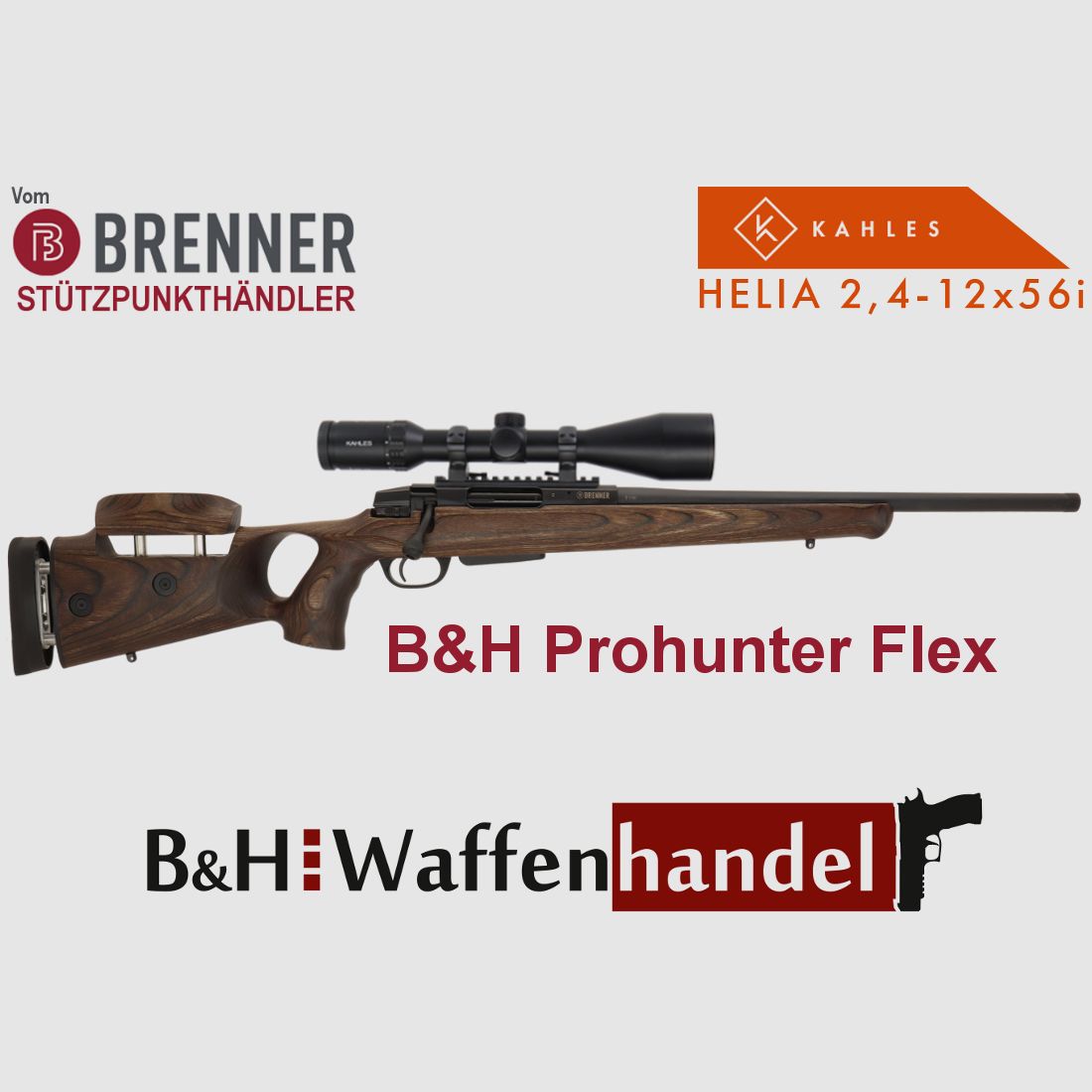 Complete package: Burner BR20 B&H Prohunter Flex stock with double adjustment including Kahles Helia 2.4-12x56i (Art.No.: BR20PHFP11) Financing possible