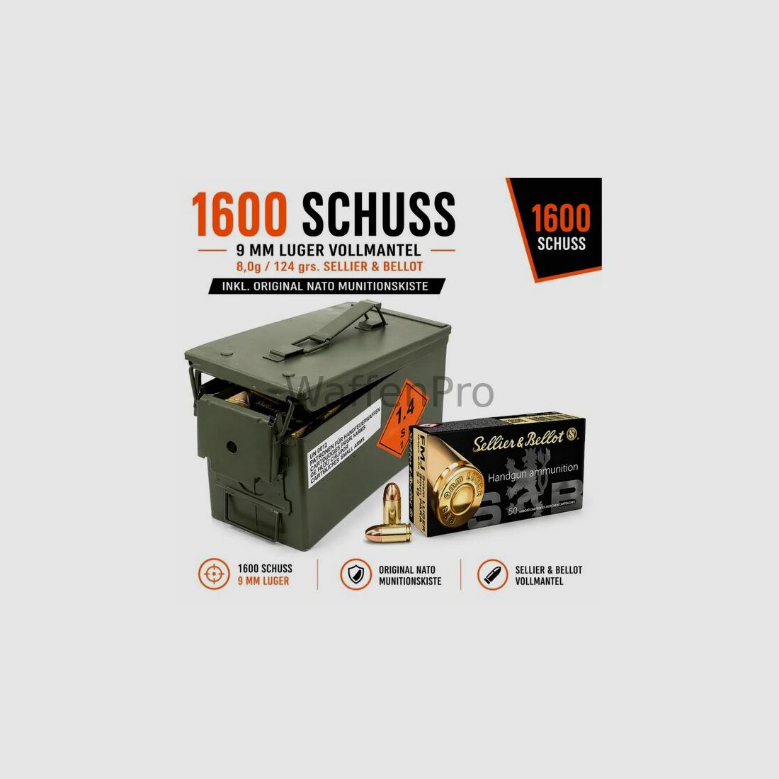 Sellier & Bellot 1600 schoten 9 mm Luger volmantel 8,0g/124 grs. Sellier & Bellot in de NATO-doos