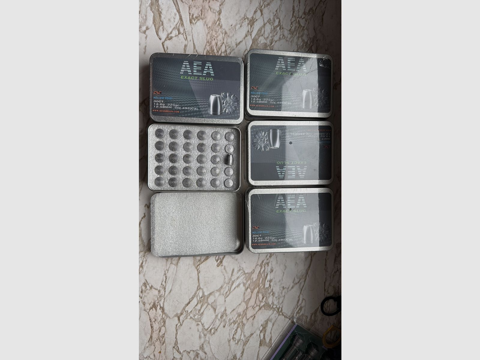 AEA Exact Slugs .50 (.495) CAL / 12,58 mm – 225 gr Hollow Point – 5 latas (4x OVP, 1x completo)