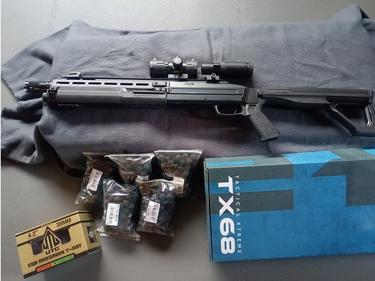 T4E TX/HDX 68 Bundle (7,5 J.) – carabine & Feyachi Magnifier NEUF, UTG Red Dot d'occasion + 500 Rubberballs (toutes les boîtes d'origine incluses)