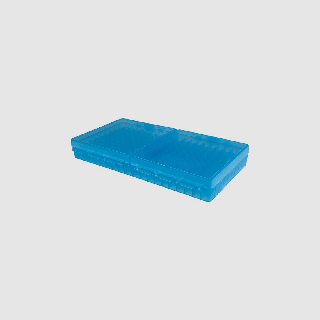 MTM cartridge box P-200-45-24 blue clear with flip lid for 200 cartridges .45 ACP and others.