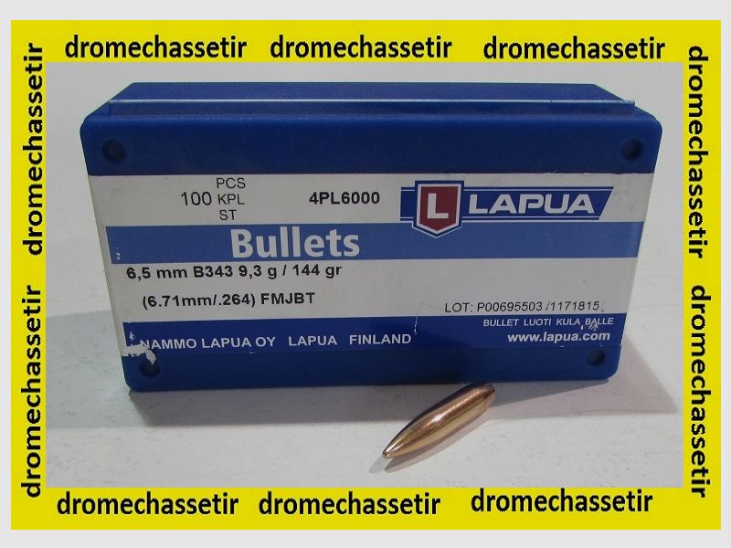 Box of 100 Lapua Bullets cal 6.5 (0.264"), FMJBT 144 grains
