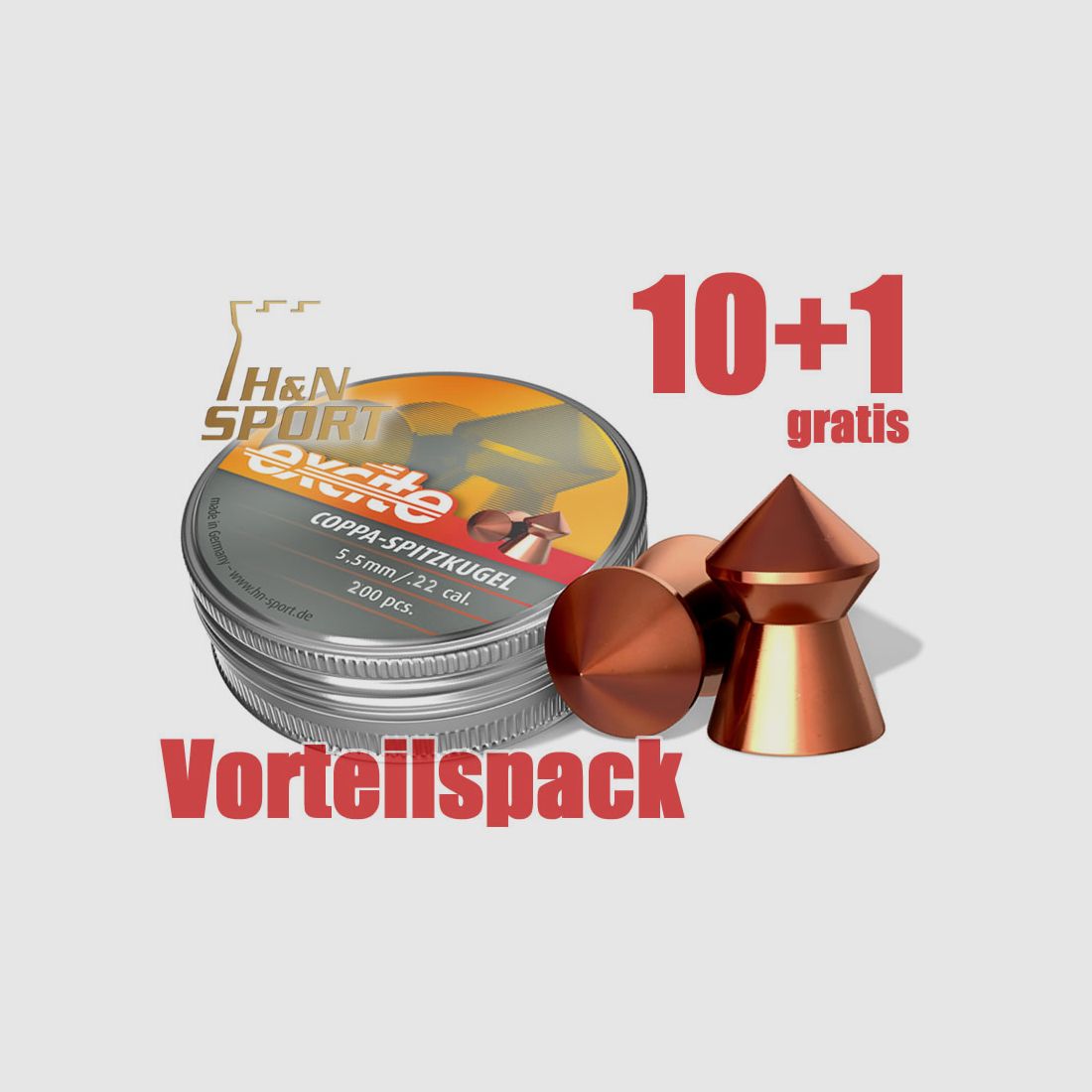 10+1 GRATIS x 200 StĂĽck H N Spitzkopf-Diabolo EXCITE COPPA Spitzkugel, verkupfert, Kal. 5,50 mm