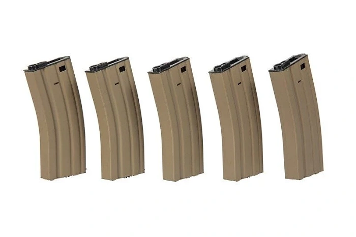 Zestaw 5 magazynków ASG hi-cap na 300 kulek do replik M4/M16 - tan