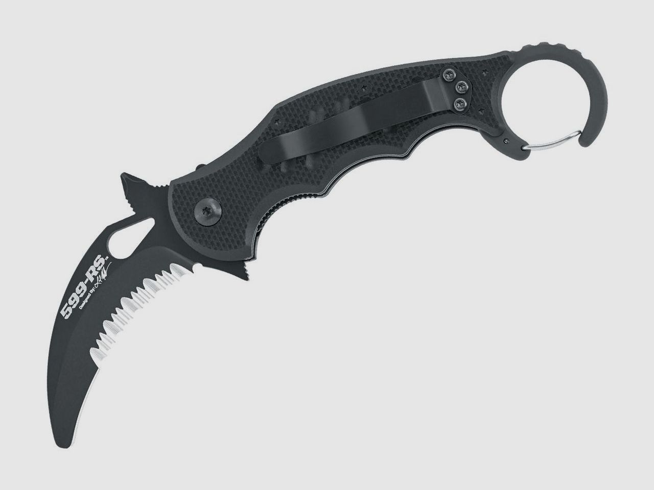 Nóż wielofunkcyjny Rescue Kerambit Black z częściowym ząbkowaniem, wkrętak krzyżakowy, łamacz szkła